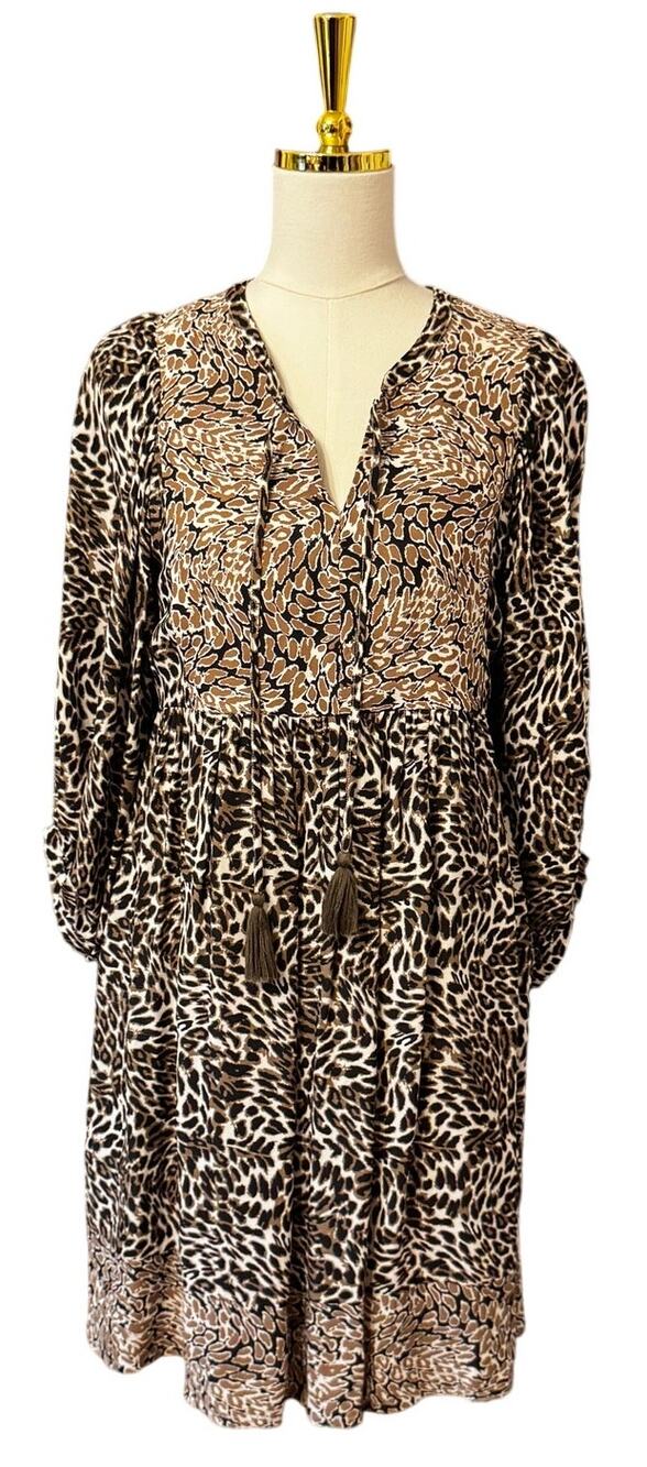 Tyler Boe Animal Print Tassel Tie Swing Dress Women's Small Brown Black